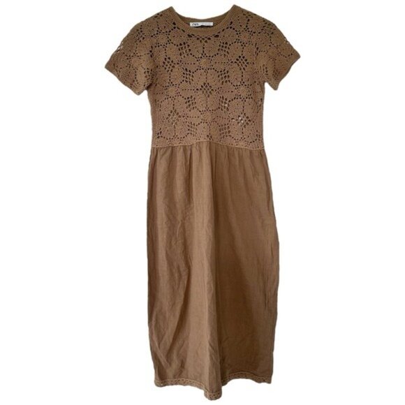 Zara Mixed Macrame Crochet Knit Earth Brown Cotton Midi Dress Size S - Picture 3 of 10